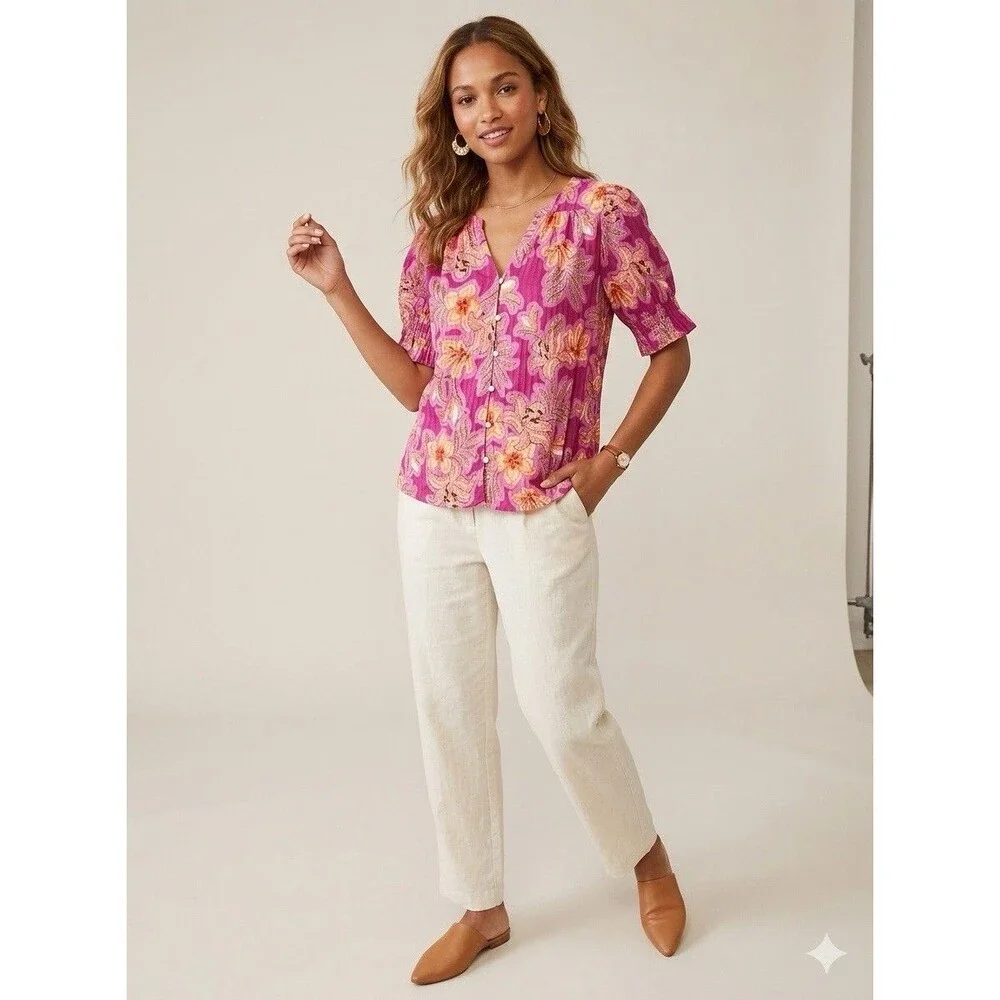 Loft Blouse Pink Orange Tropical Lilly Print Button Up Resort Vacation Sleeve